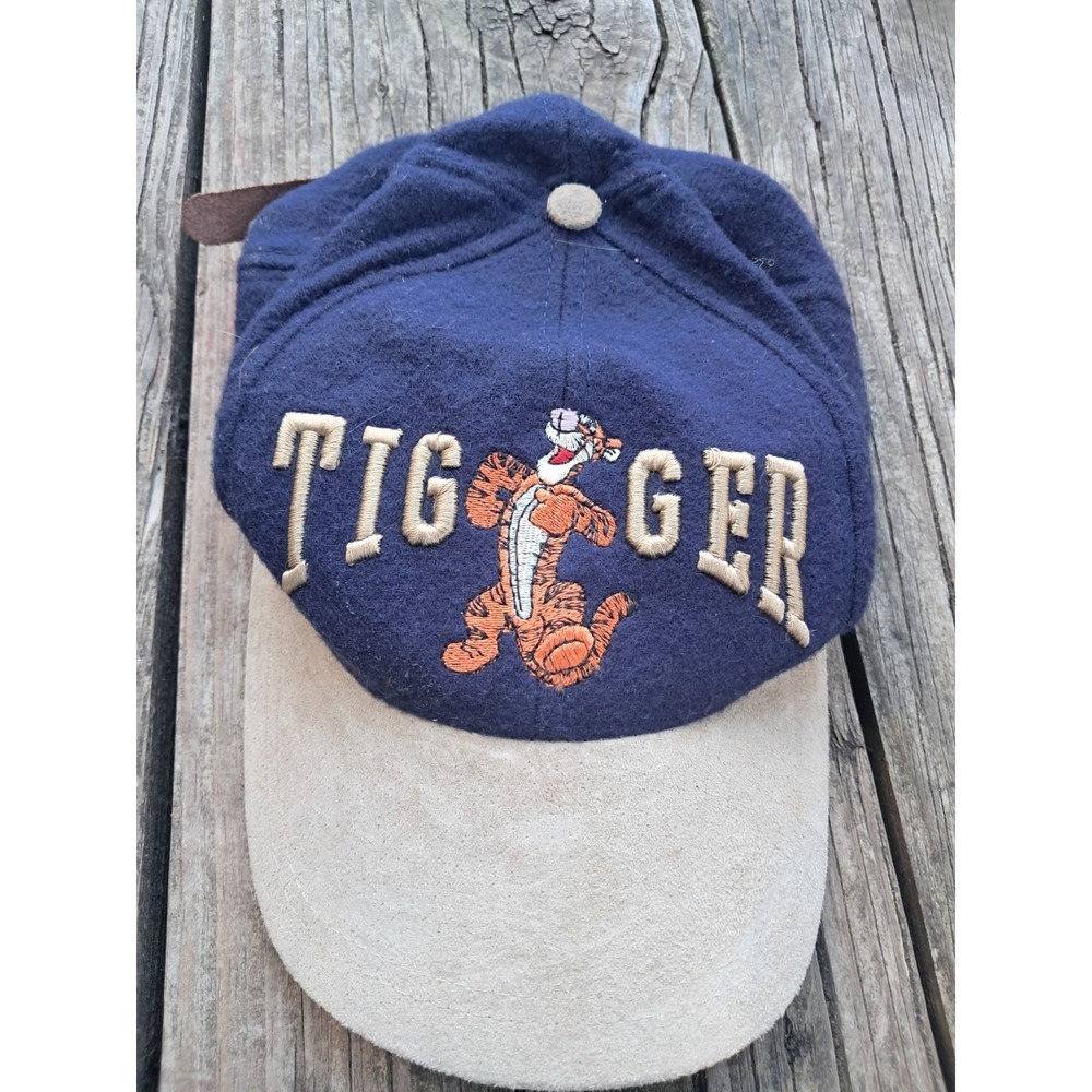 VTG Disney Tigger Hat Navy / Tan 90s Wool Blend with "leather" tuck strap adjust